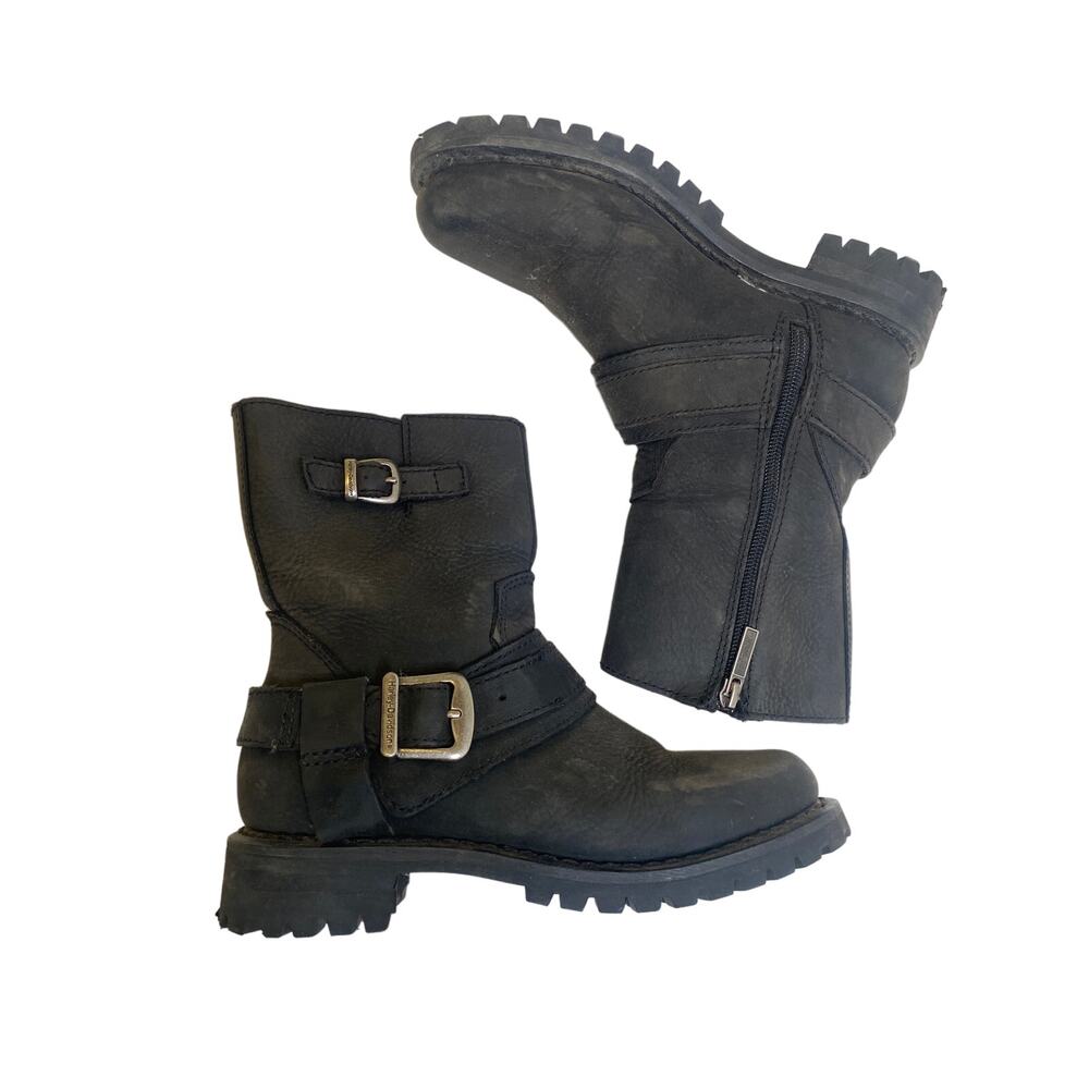 Harley Scarlet Black Mid-Calf Leather Harness Zip Boot EUC Sz 6.5 Square Heel